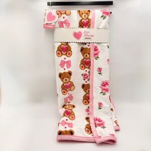 Love Always Reversible Velvet Plush Throw Blanket Teddy Bear Roses Pink White